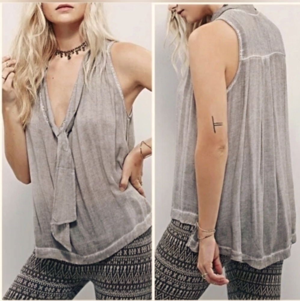 Free People Forget Me Not Tie Neck Gauzy Tank Top Heather Gray S Boho Grunge